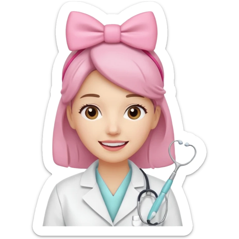 oji style illustration of a female dentist, friendly and smiling, wearing a white coat, with a small pink bow on her head, representing oral cancer awareness, caring and healing, soft colors, simple design, flat illustration, white background. sticker