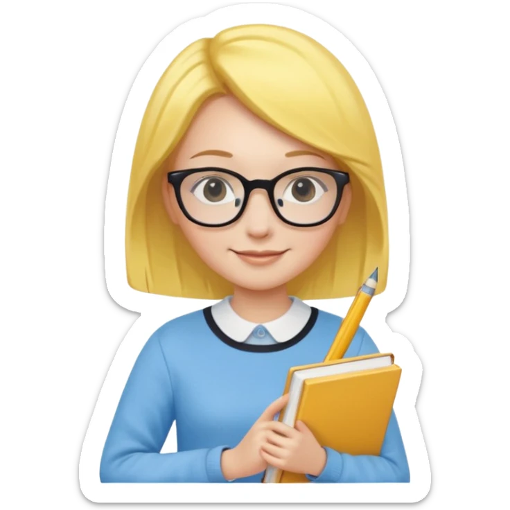 A smart and cute girl with yellow bobbed hair, wearing sky blue clothes,
I hold a book in one arm. There is a pen in the book.
He is wearing black-rimmed glasses and smiling brightly. sticker