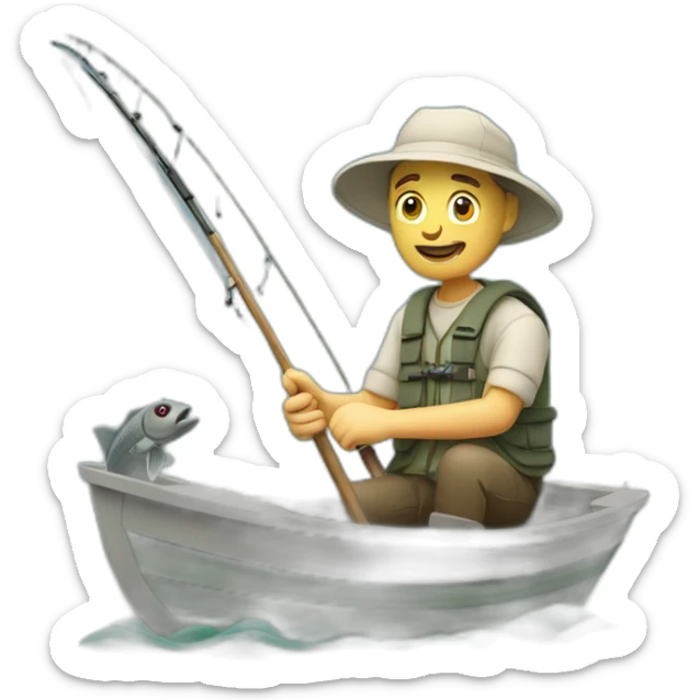 white fisherman fishing with a fishing rod in a small boat sticker