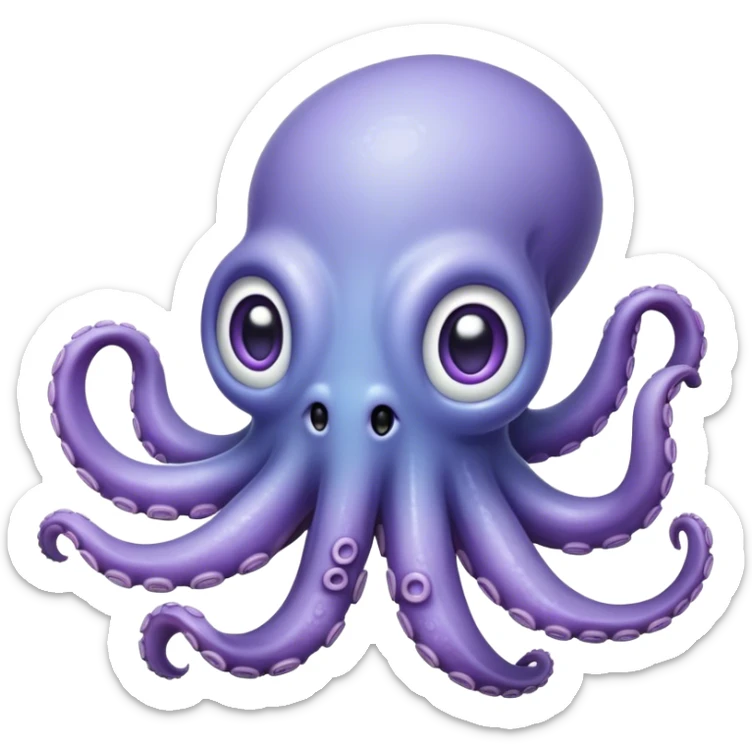 Cinematic Comical Baby Octopus Portrait Emoji, Tentacles slightly flared in a playful, exaggerated gesture, featuring a light blue-purple, rounded body with dramatically wide, hilariously expressive eyes full of surprise and innocent mischief, Simplified yet hilariously endearing features, highly detailed, glowing with a soft oceanic radiance, high shine, dramatic yet lovable, stylized with a dash of whimsical underwater mischief, soft glowing outline, capturing the essence of a delightfully silly little octopus that looks like it just made a clumsy, adorable mistake! sticker