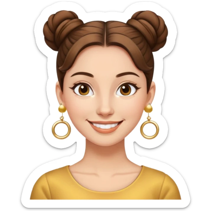 nữ 30 tuổi, da trắng, tóc nâu búi cao 2 bên gọn gàng, đeo khuyên tai vàng. cười tươi sticker