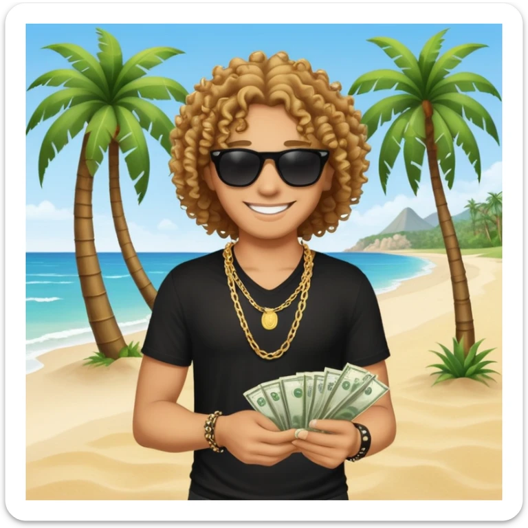 Smiling person with curly hair in black shirt and chain necklace, holding money bundles, black sunglasses, tropical beach scene with palm trees sticker