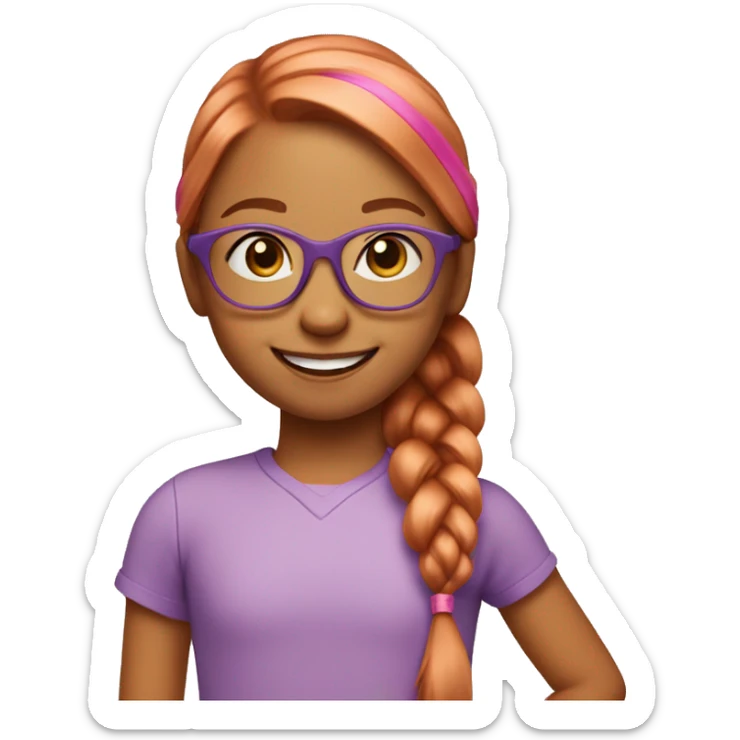 smiling six year old Girl with straight copper colored hair in a ponytail outdoors with pink glasses sticker