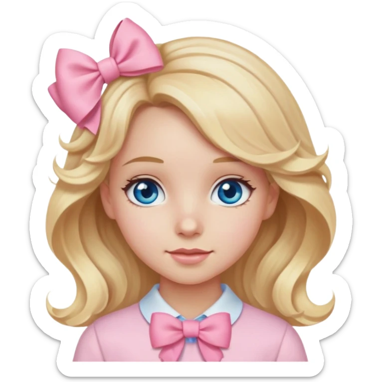 Girl with wavy blonde hair blue eyes and wearing light pink clothes and pink bow sticker