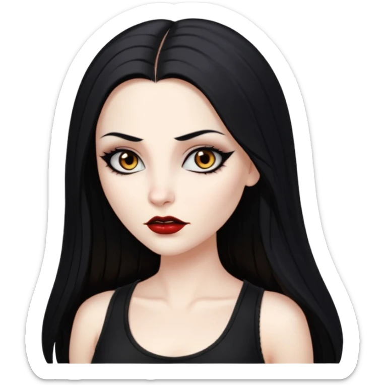 White woman with a white tank top long black hair glossy middle part straight long hair vampire look  brown eyes eyeliner winged with lashes top and bottom white border big lips black eyebrows sticker