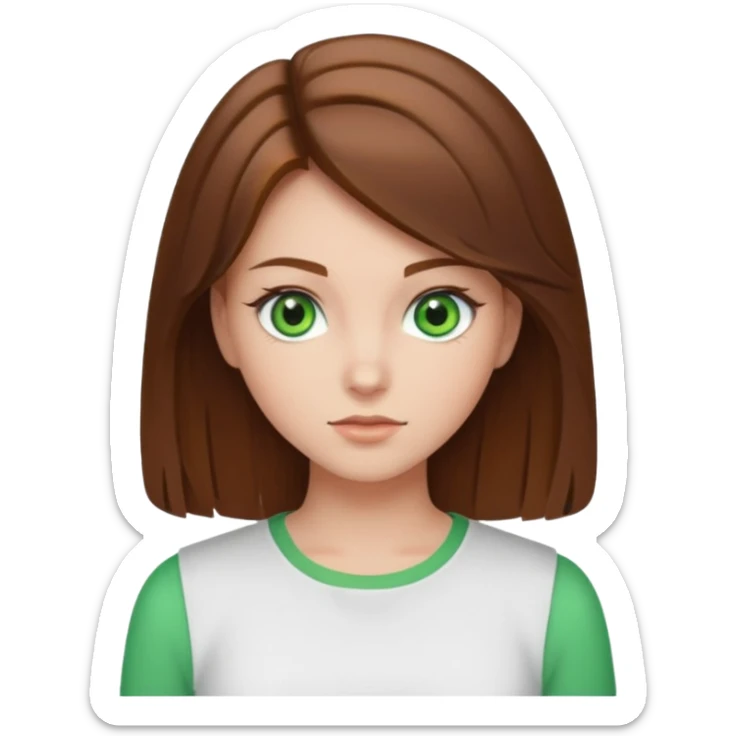 A girl with brown hair (blowout), green eyes and a white top  sticker