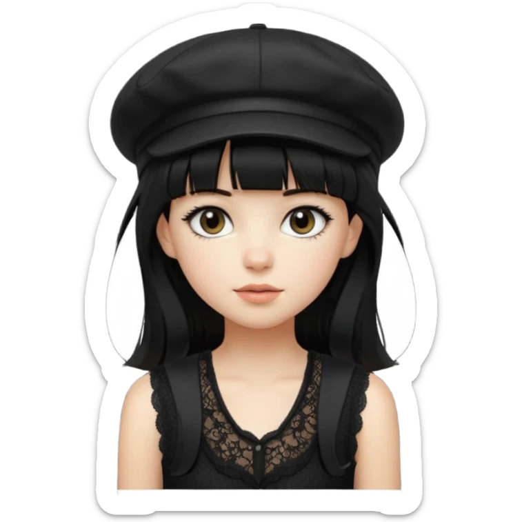 pinterst girl with heavy bang, black long hair and black color newsboy cap on her hat, wearing black color lace sleeveless  sticker