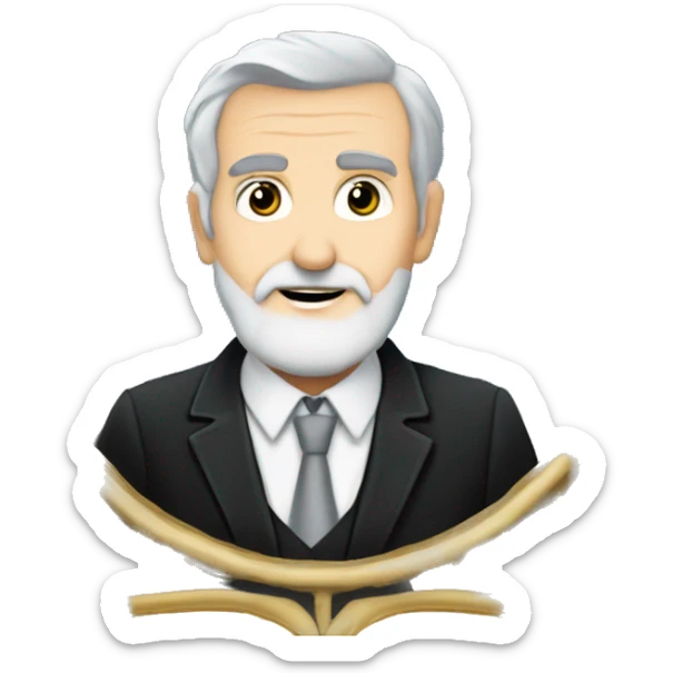 60 year old Caucasian male with grey hair and a grey gotee beard wearing a black dinner suit that has a badge on the left side of the jacket with a Freemason square and compass on it. Make the background a sky blue. sticker