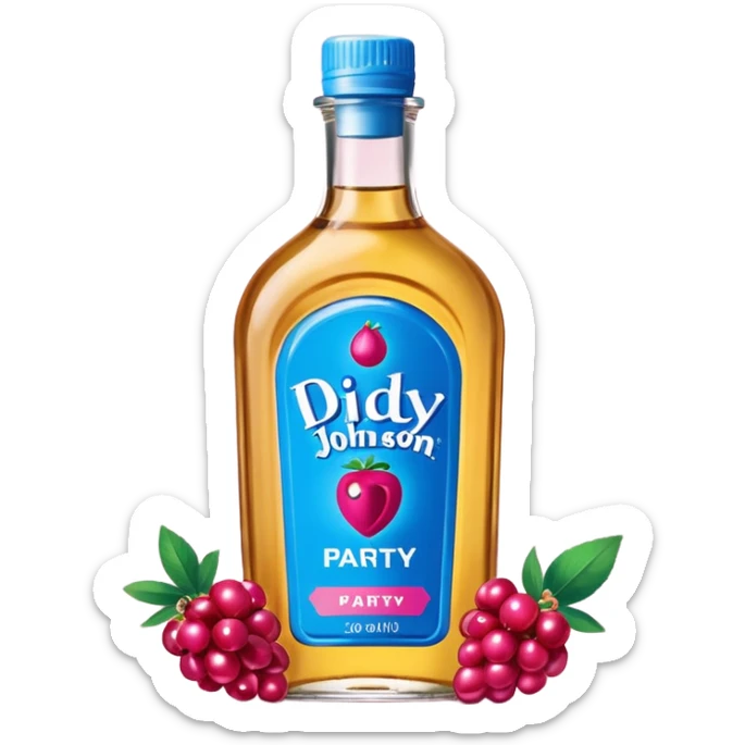 bottle of oil blue top pink outside with logo that says Diddy Party oil Johnson and Johnson  brand with a smiling berry on top sticker