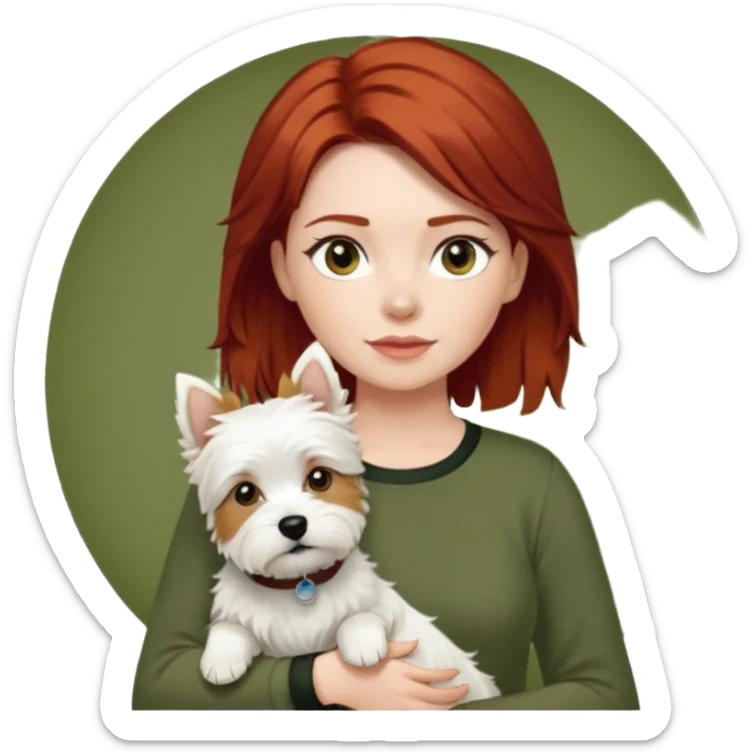 Westhighland white terrier dog being held by woman with dark shoulder length red hair and hazel eye wearing olive green top sticker