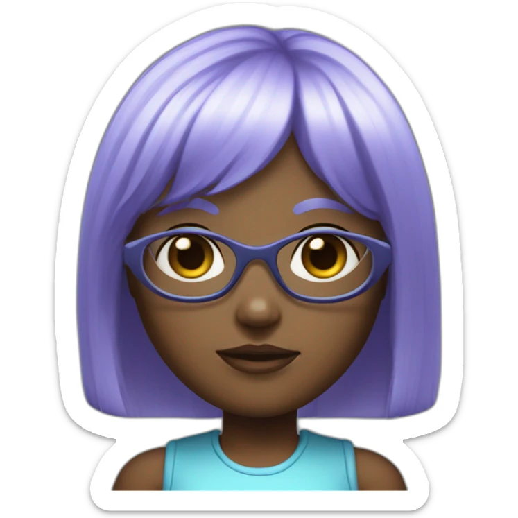 A girl with light blue hair.She has dark skin.Her hair is very long and straight.She has bangs.She has purple eyes.She also has sci-fi glasses.She has a robotic. sticker