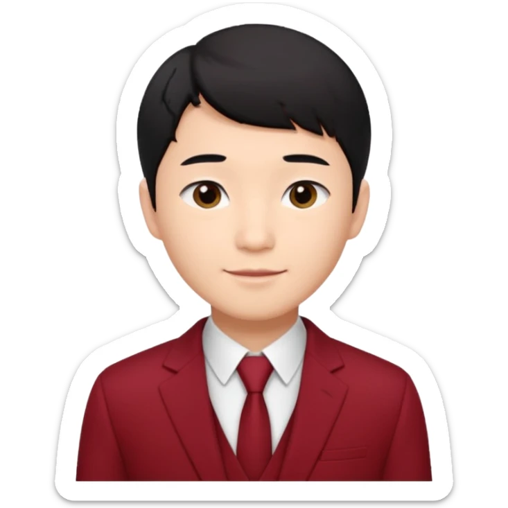 handsome Asian man emoji, short black hair with soft fringe, clean and elegant look, fair skin, gentle smile, wearing dark red suit and white shirt sticker