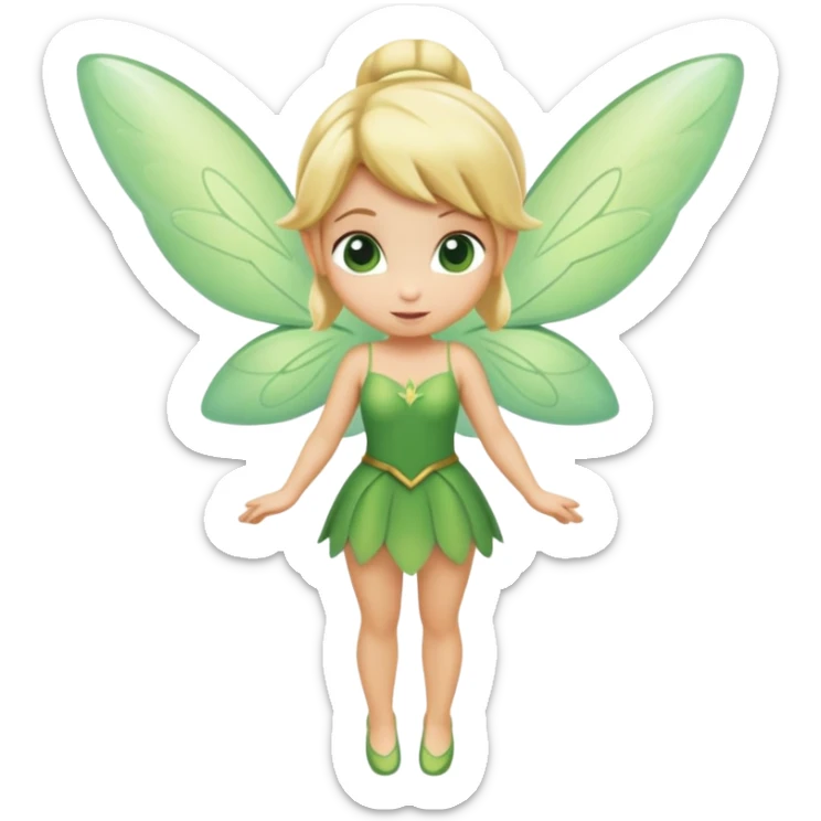 minimal Tinkerbell fairy with green dress and blonde hair, tiny wings, extremely simple sticker