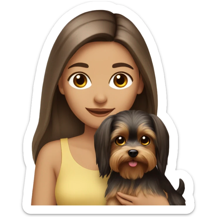 Brunette long hair light tan girl with yorkie puppy sticker
