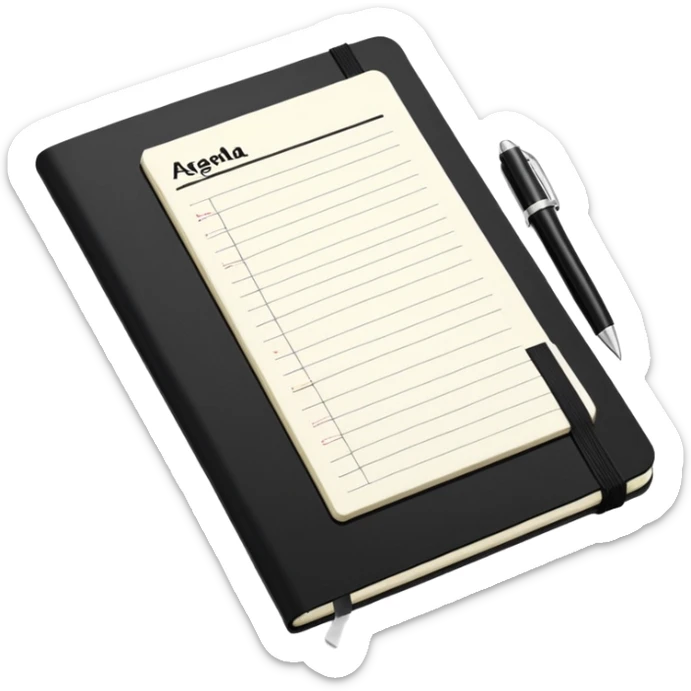 An open black Moleskine notebook with 'AGENDA' written in bold at the top of the page and meeting items with bullet points clearly visible below sticker