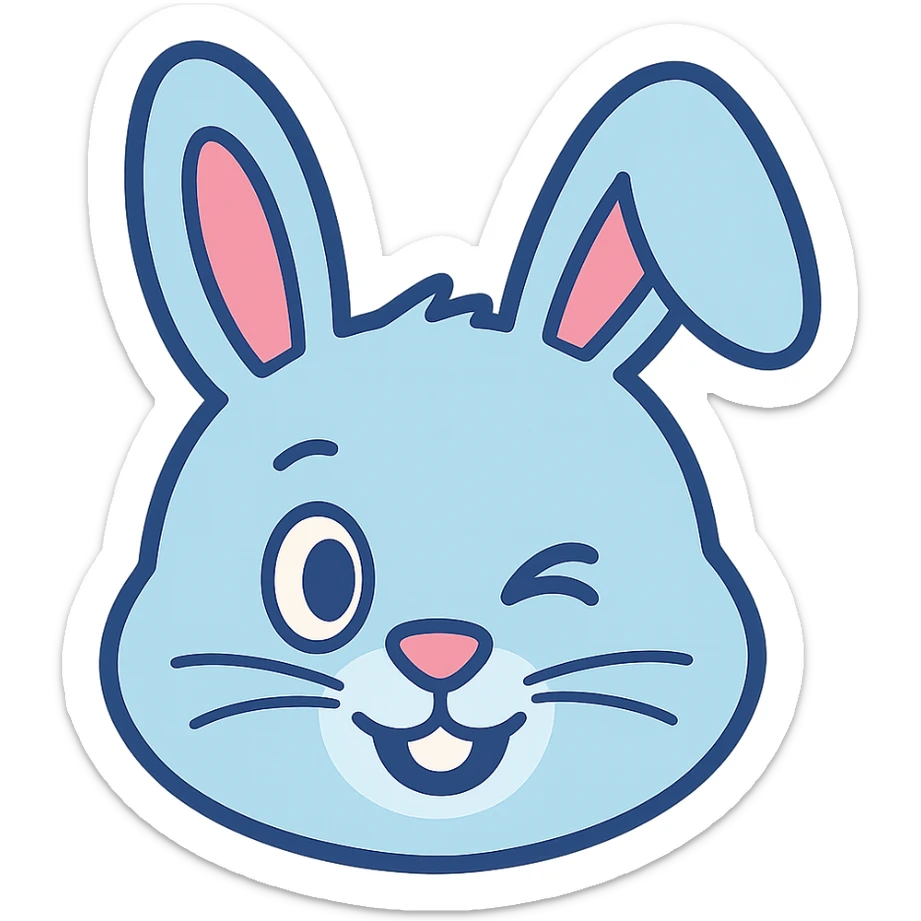 Change the skinny bunny to a blue pastel color. Make it cute, smiling, friendly, and give it a winking face. Remove the background. sticker