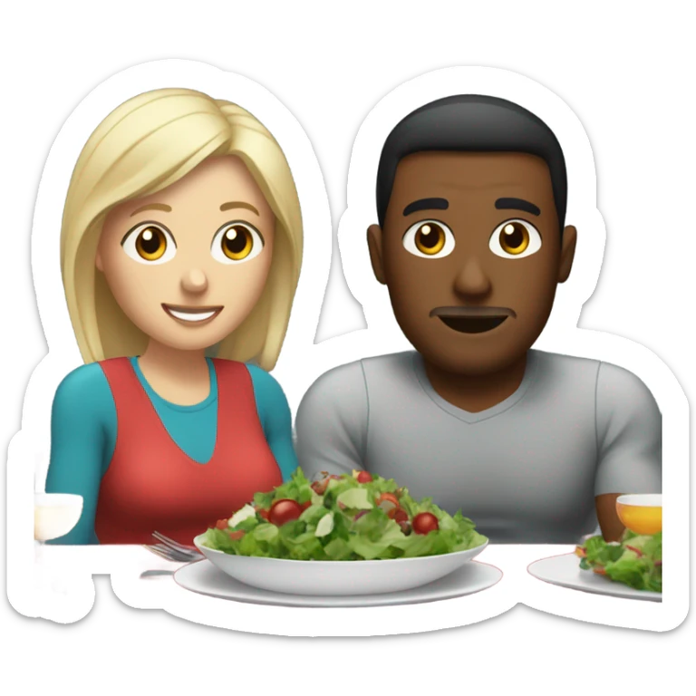 emoji Sporty white couple, man and woman in sportswear, sitting at Christmas holiday dinner table only salads sticker