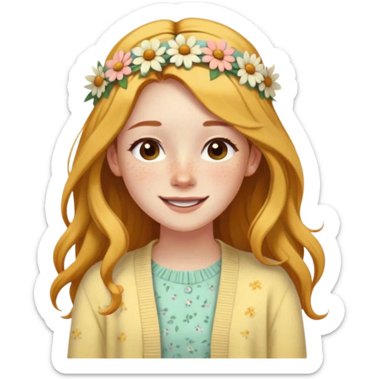  A freckled girl with long hair, a floral headband, and a pastel yellow cardigan, looking joyful. sticker