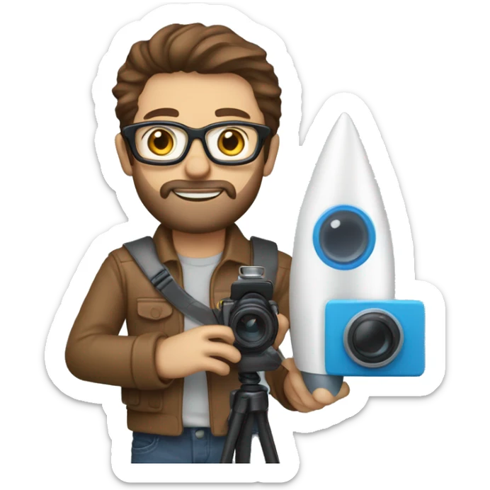 Man with glasses and brown hair and beard blue eyes, holding a camera, and a toy rocket sticker