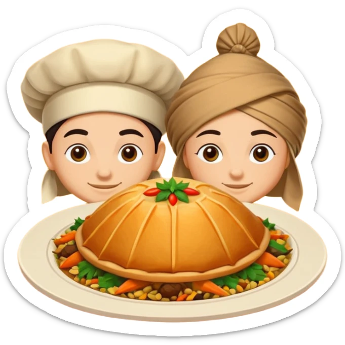 Uzbek cuisine avatar in bright emoji-style illustration. Classic dishes like plov and samsa, warm golden and earthy tones, simple shapes, flat design, high contrast, friendly and appetizing. sticker