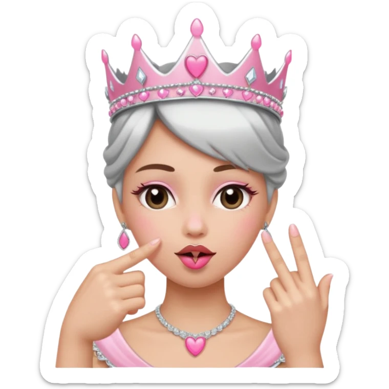 Middle finger flipping off with a ring on it and silver and pink tiara on persons head and a kissy face with a pink heart sticker