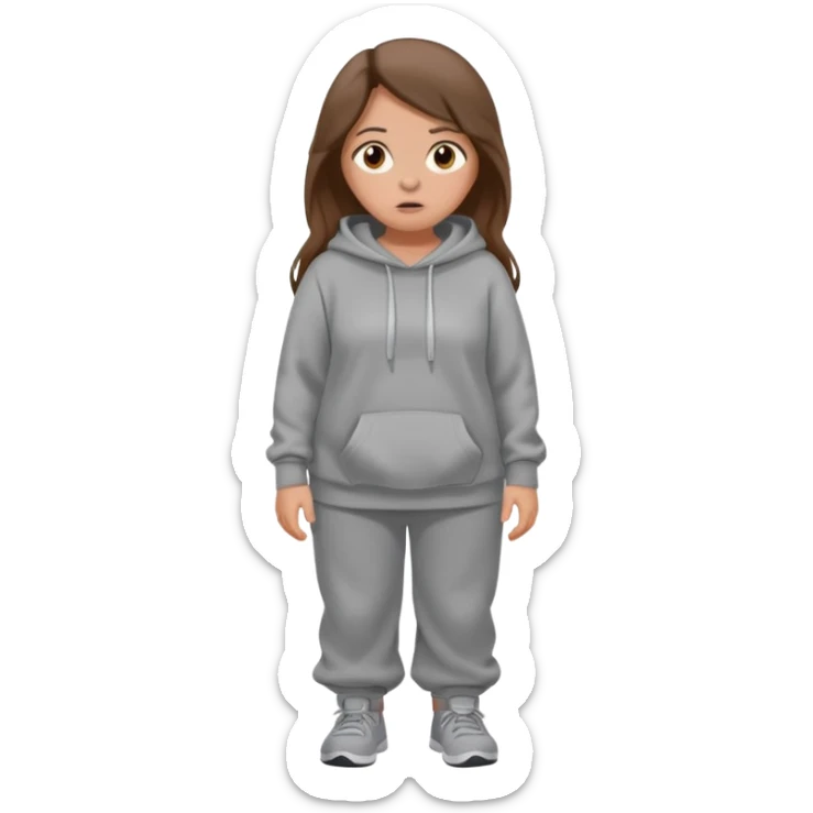 Chica grande  asustada de cuerpo completo mirado a la izquierda con pelo castaño largo y piel blanca  pantalones baggy  grises y hoodie gris  sticker