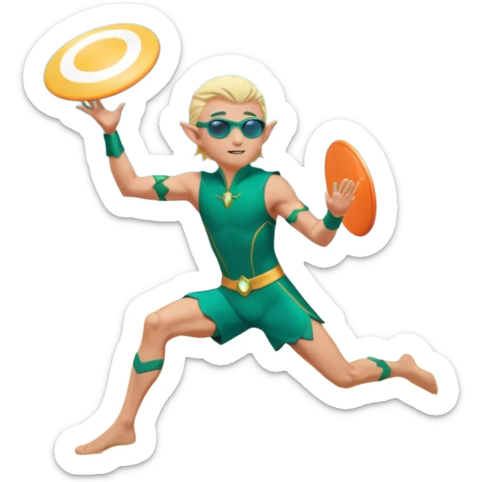 elf male legolas launching a frisbee woven from pure sunlight, wearing sporty teal swim shorts and performance sunglasses, athletic pose, pointy ears, dynamic motion lines, beach sky backdrop, centered emoji sticker
