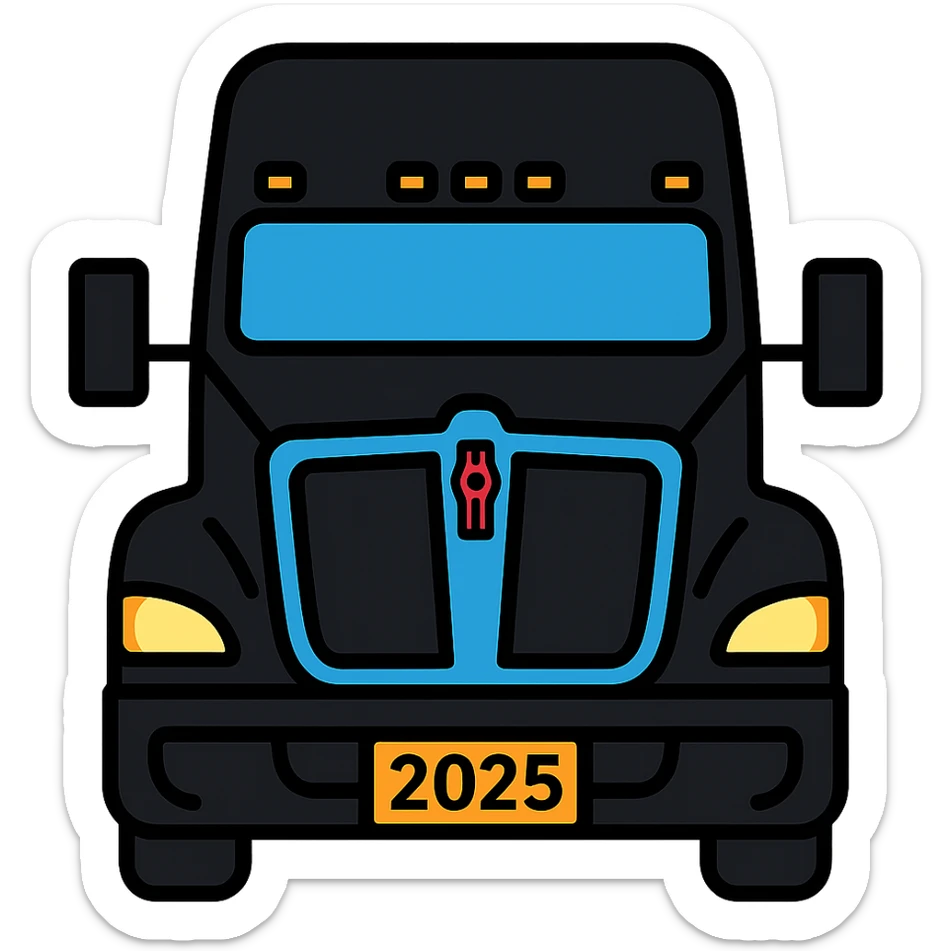 Detailed vector illustration style close-up front view of a 2025 Kenworth T680 truck in black color with headlights on, no background. sticker