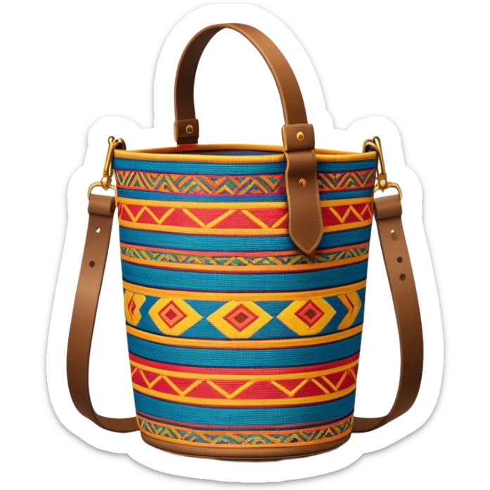 cinematic-realistic-image-of-a-traditional-colombian-mochila bucket bag,-rendered-with-detailed-woven-textures-and-vibrant-patterns bucket bag - with fabric strap sticker