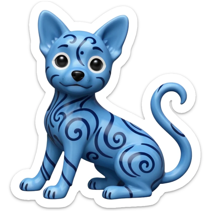 The image is of a small figurine of a blue dog. The dog is sitting on its hind legs with its front paws stretched out in front of it. The body of the dog is covered in a pattern of blue and black swirls, giving it a textured appearance.  sticker