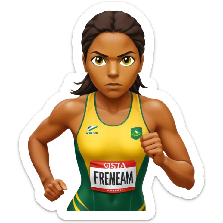 Cinematic Realistic portrait of Cathy Freeman, shown as an iconic Australian sprinter with a focused, determined expression and modern athletic yellow and green attire accented with subtle native motifs, rendered in dynamic, vibrant lighting sticker