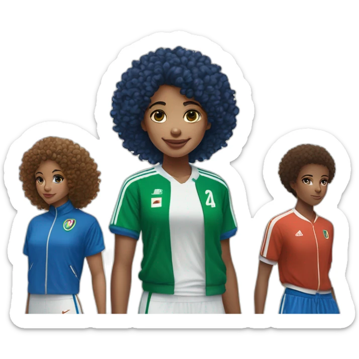 girl curly hair and a Algeria jersey blue and jogging blue, Nike blazer blue and swoosh blue who says goodbye sticker