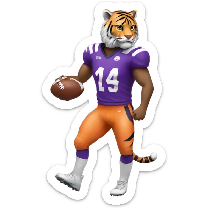 Tiger wear purple jersey holding a football sticker