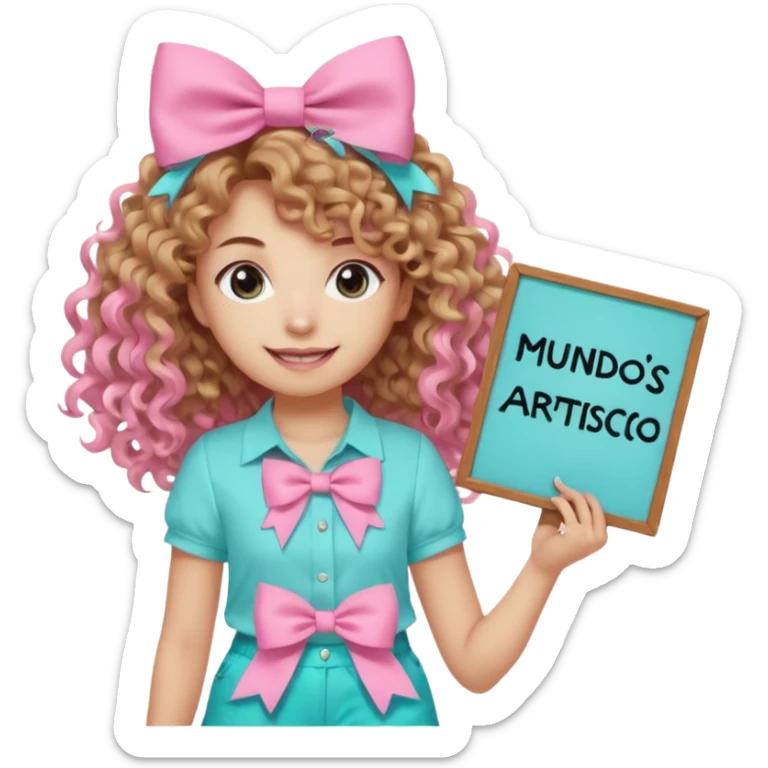 Crea una imagen mía kawai para stickers q tenga bonitos ojos cabello largo crespo color castaño claro y un hermoso moño rosa la blusa rosada y un hermoso chort color azul aguamarina y en sus manos un letrero q diga mundos Artistico Cc los zapatos estilo converse sticker