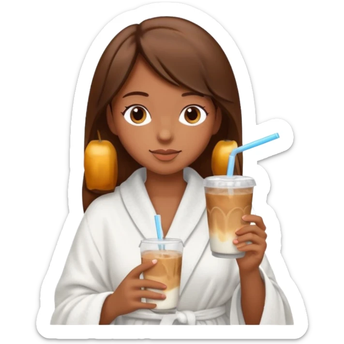 Side profile of a girl with brown hair in a robe and towel sipping iced coffee sticker