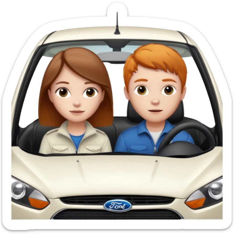 Two mouses, one girl with brunette long hair and one ginger short hair boy, boy drive a white ford focus card sticker