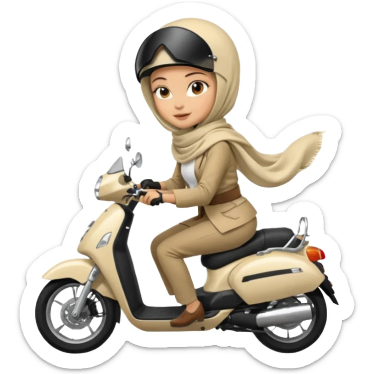 A woman wearing a cream colored pashmina hijab riding a motorbike pcx sticker