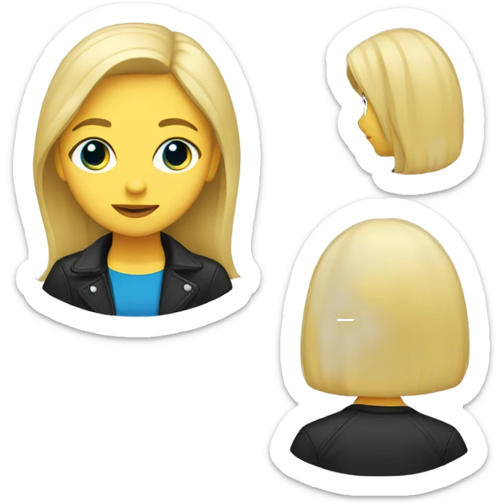 Girl with blonde hair, blue eyes, yellow t-shirt and black jacket sticker