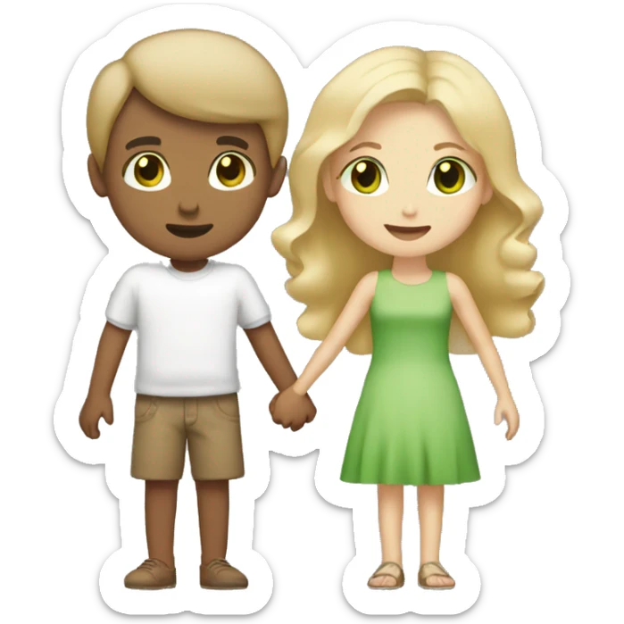 blonde girl with green eyes holding hands with boy with brown hair and brown eyes sticker