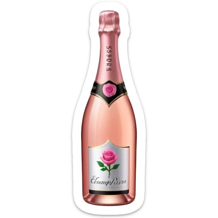 bottle of sparkling rosé champagne with a rose logo on the label, tilted up and to the right, no glass sticker