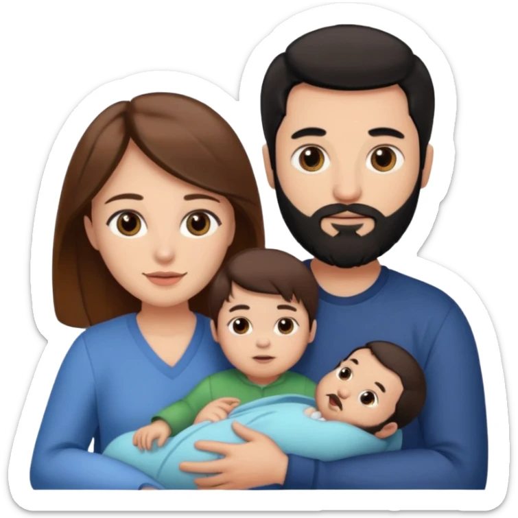 Una mujer con pelo castaño y ojos marrones y un hombre con pelo negro y barba y un solo bebe sticker