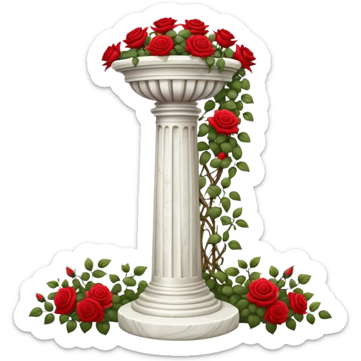 White tall marble pedestal with vines growing and gorgeous roses flowers beautiful romantic scenery garden scenic  sticker