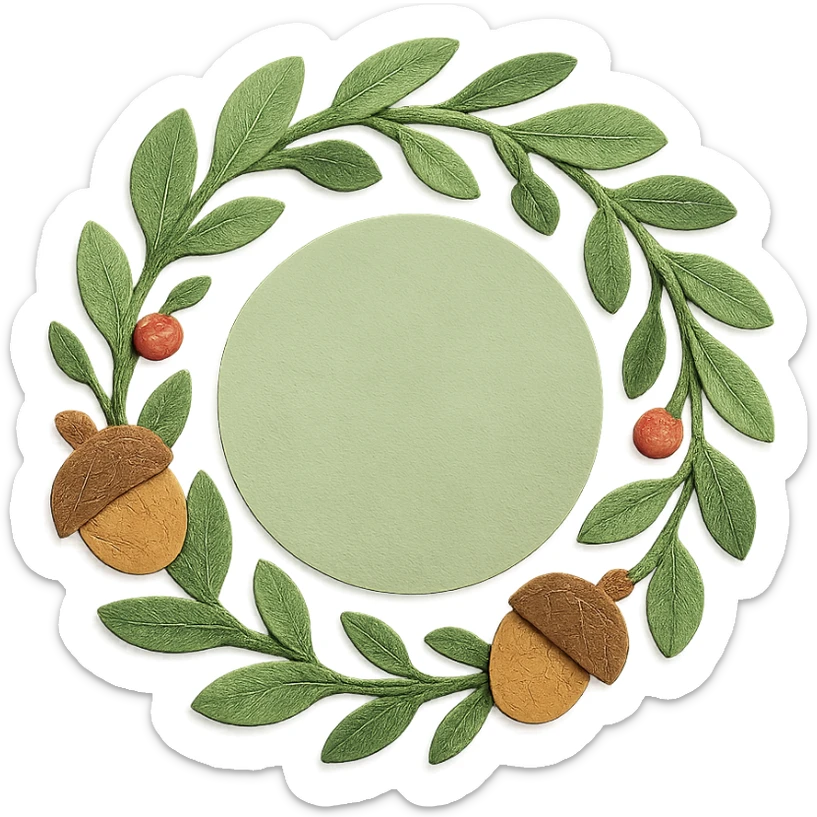 wreath of forest leaves, acorns, and berries, soft green circle sticker, paper-craft style, transparent background sticker