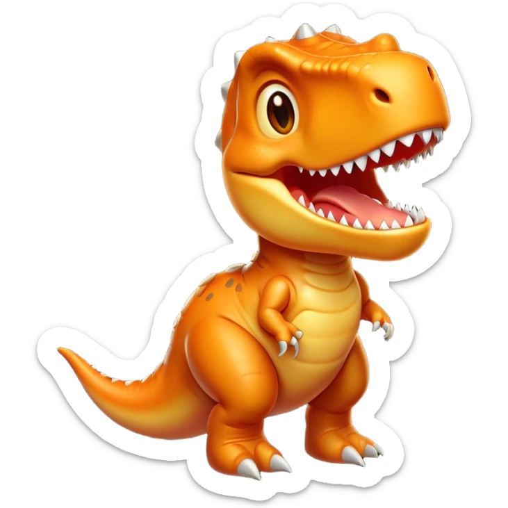 Cinematic Cute T-rex Portrait Emoji, Head tilted playfully with a big, endearing smile, featuring a compact, fierce yet friendly form with a massive head, tiny arms, and sparkling, mischievous eyes, Simplified yet irresistibly adorable features, highly detailed, glowing with a warm, inviting prehistoric glow, high shine, affectionate and lively, stylized with a touch of whimsical dinosaur charm, soft glowing outline, capturing the essence of a mischievous yet lovable T-rex that seems as if it could stomp out of the screen into your heart! sticker