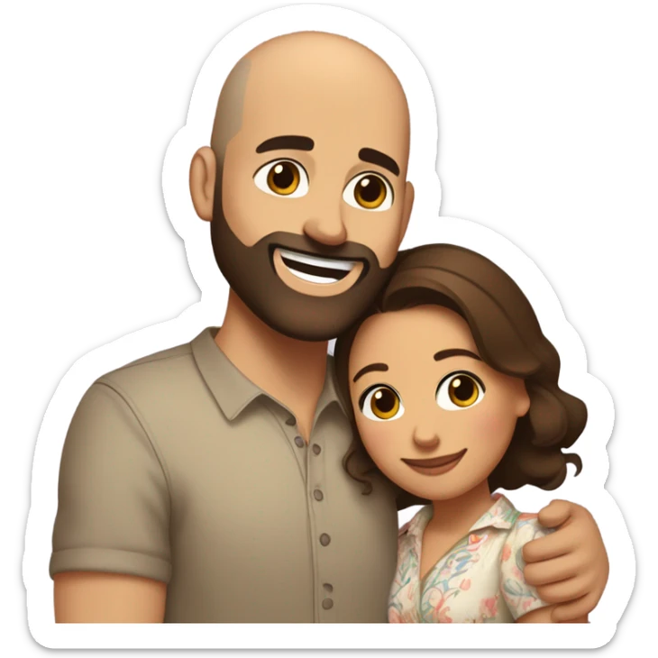 Brown-haired Puerto Rican woman with dark brown eyes wearing a cute blouse giving comforting hug to short, bald man with brown eyes, laugh lines, and a beard sticker