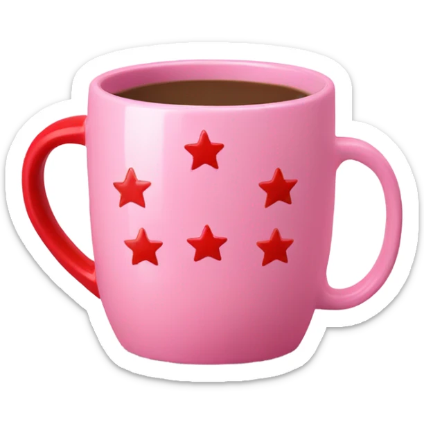 Pink ceramic coffee mug with mini red stars and red handle sticker