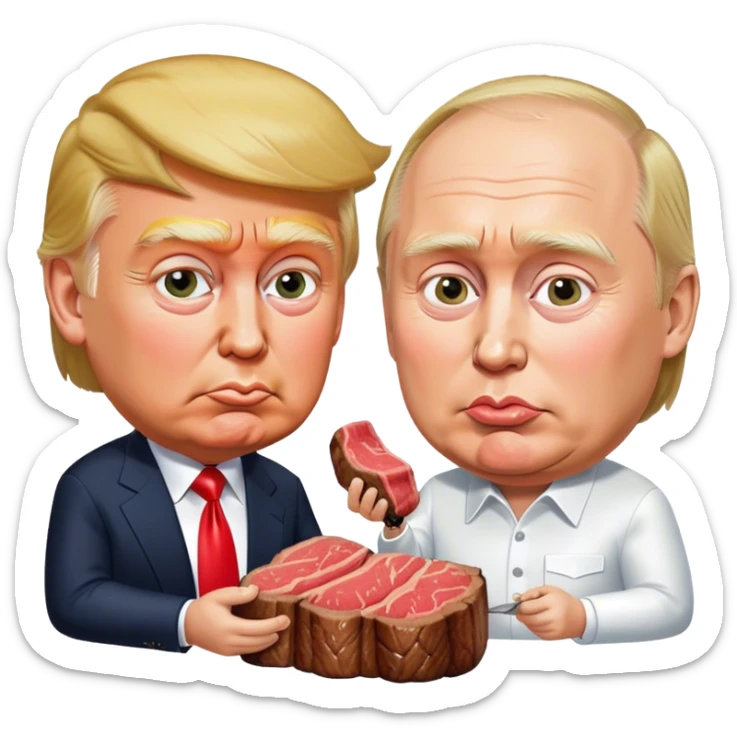 photorealistic Donald Trump and Putin eating a steak shaped like an piece of land sticker
