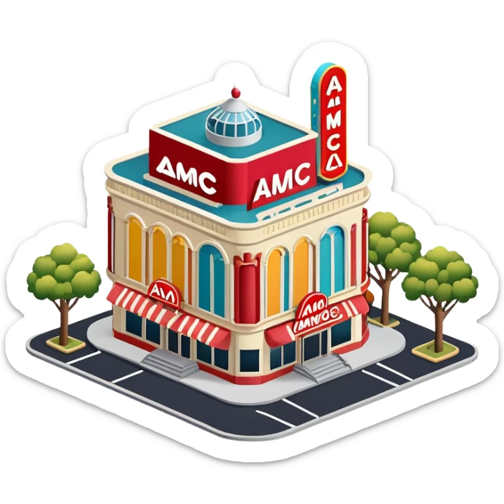 AMC movie theater exterior, isometric dollhouse-style, highly detailed  sticker