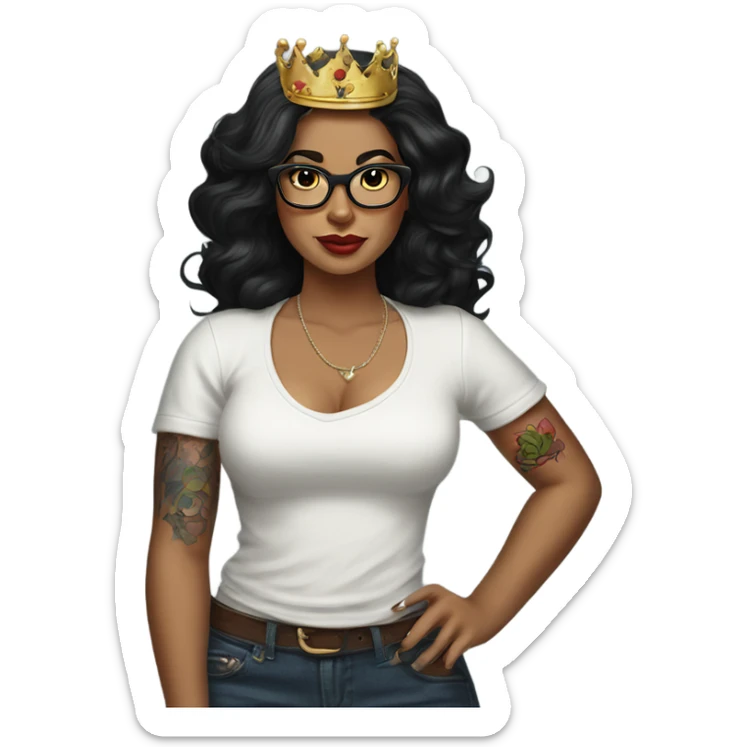Pinupx long length dark hair wears a crown and tattoos and glasses sticker