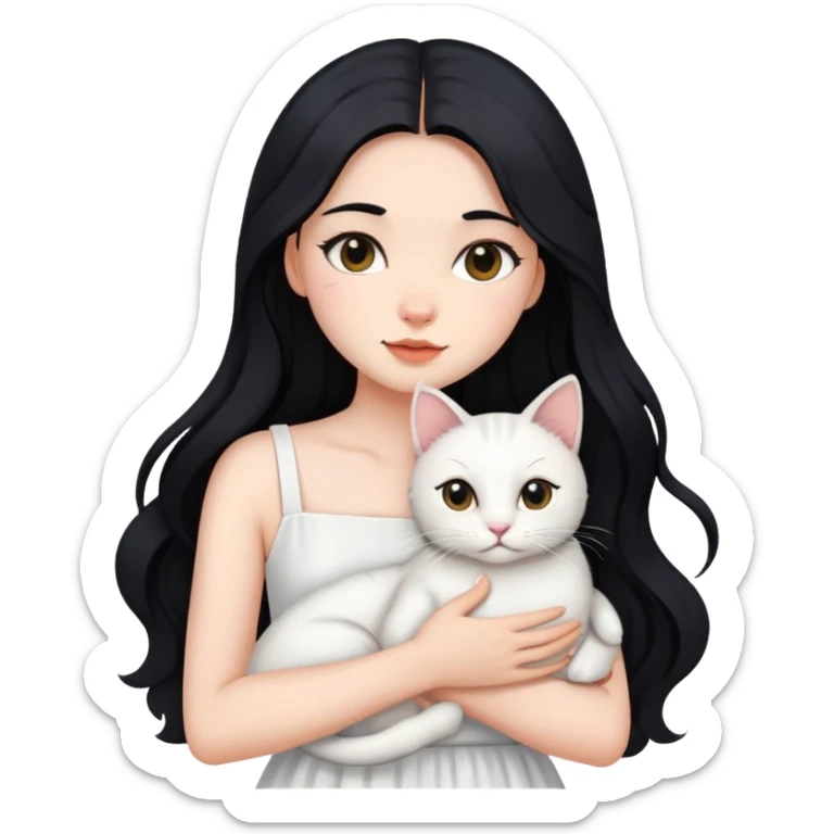 beautiful girl with long black hair wearing a white dress holding a cat in her arms sticker